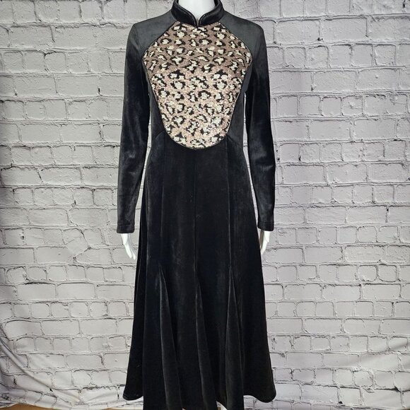 Sophie Marand Black Maxi Dress with Leopard Sequins, Women's 34 - Picture 2 of 9